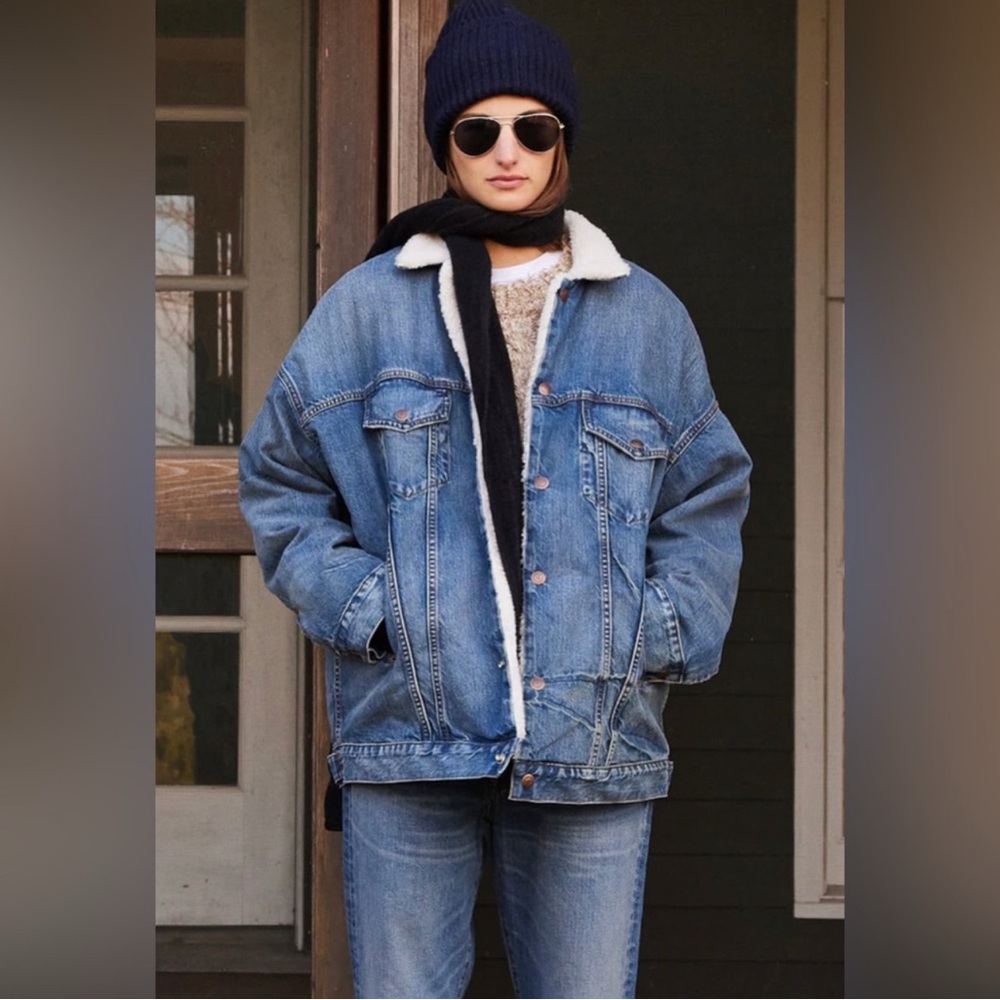 Denimist x Free People Serena Trucker Blue Denim Jean Jacket Sherpa lined NWT - Picture 2 of 5